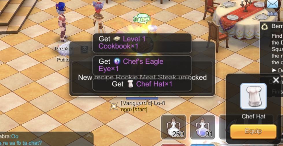 Level 1 Cookbook and Chef Hat rewards after completing Cooking Unlock quest