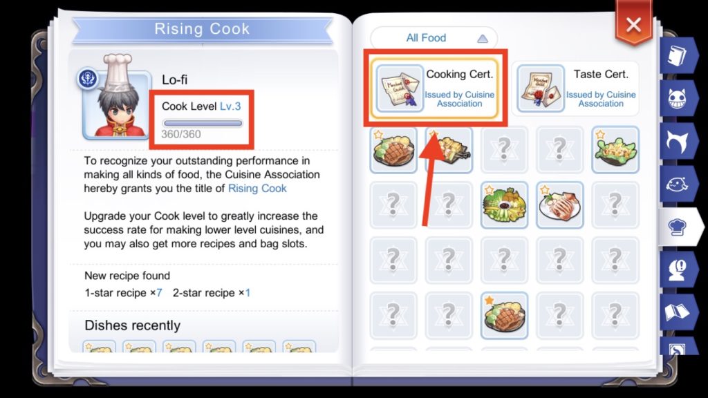 Cooking certification level in Adventure Handbook
