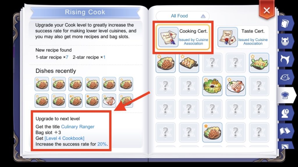 Cooking certification level unlock in Adventure Handbook