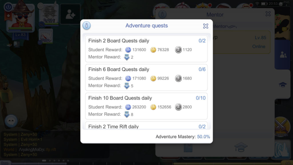 Mentor Student Adventure Quests rewards for daily quests
