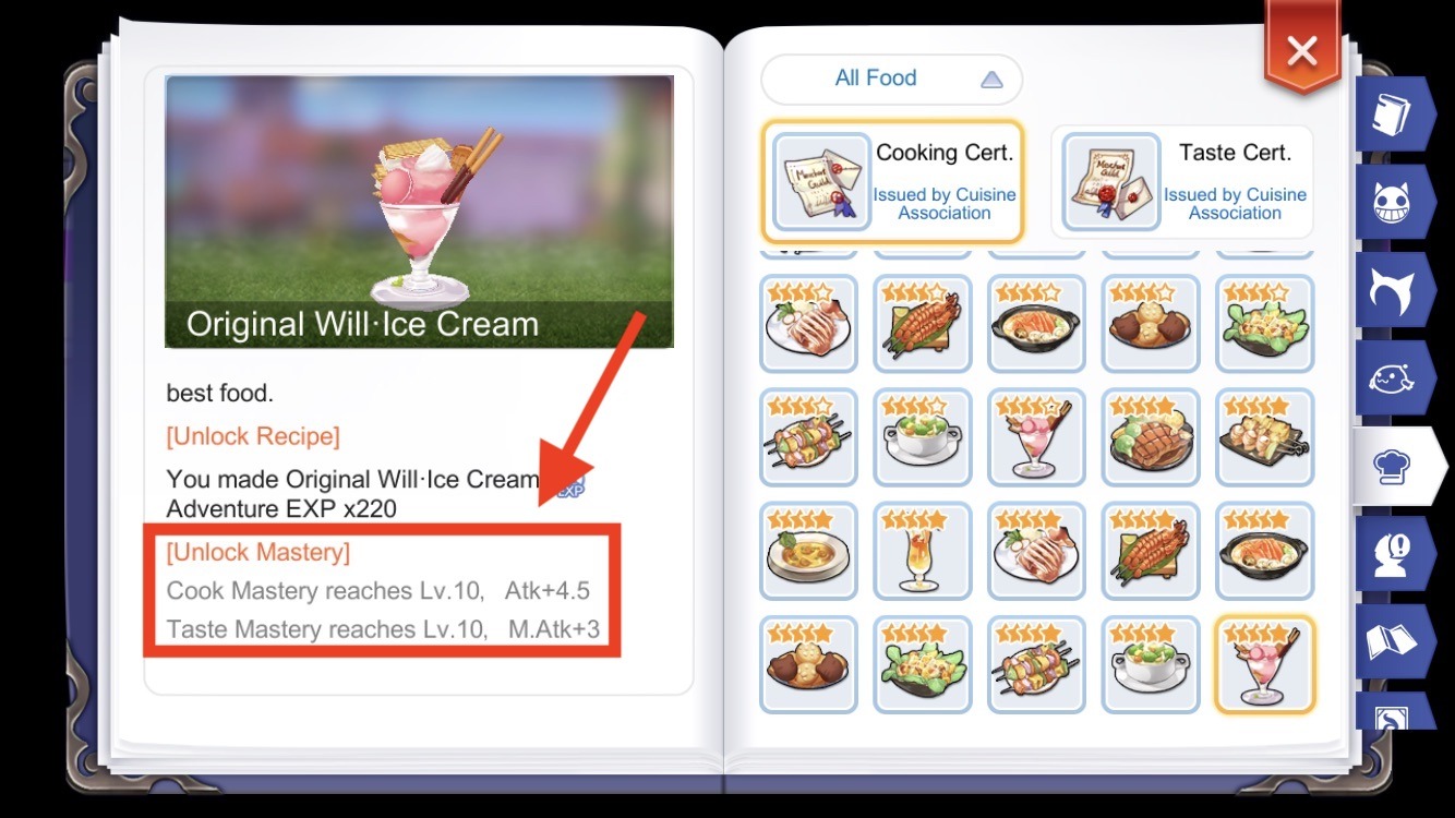 edited Cook and Taste Mastery Lv 10 gives permanent bonus stat and attack bonuses