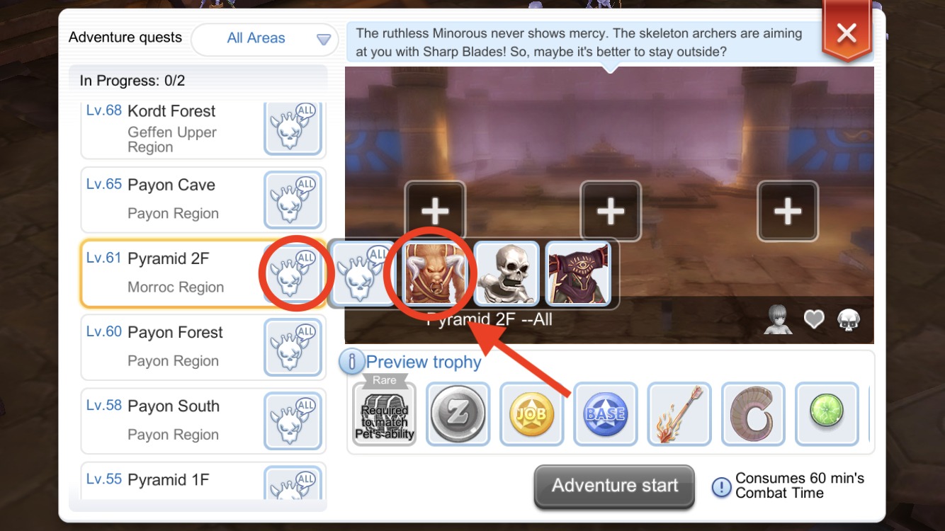 On Pet Adventure, click the target monster icon to select a target and increase chances to get a card